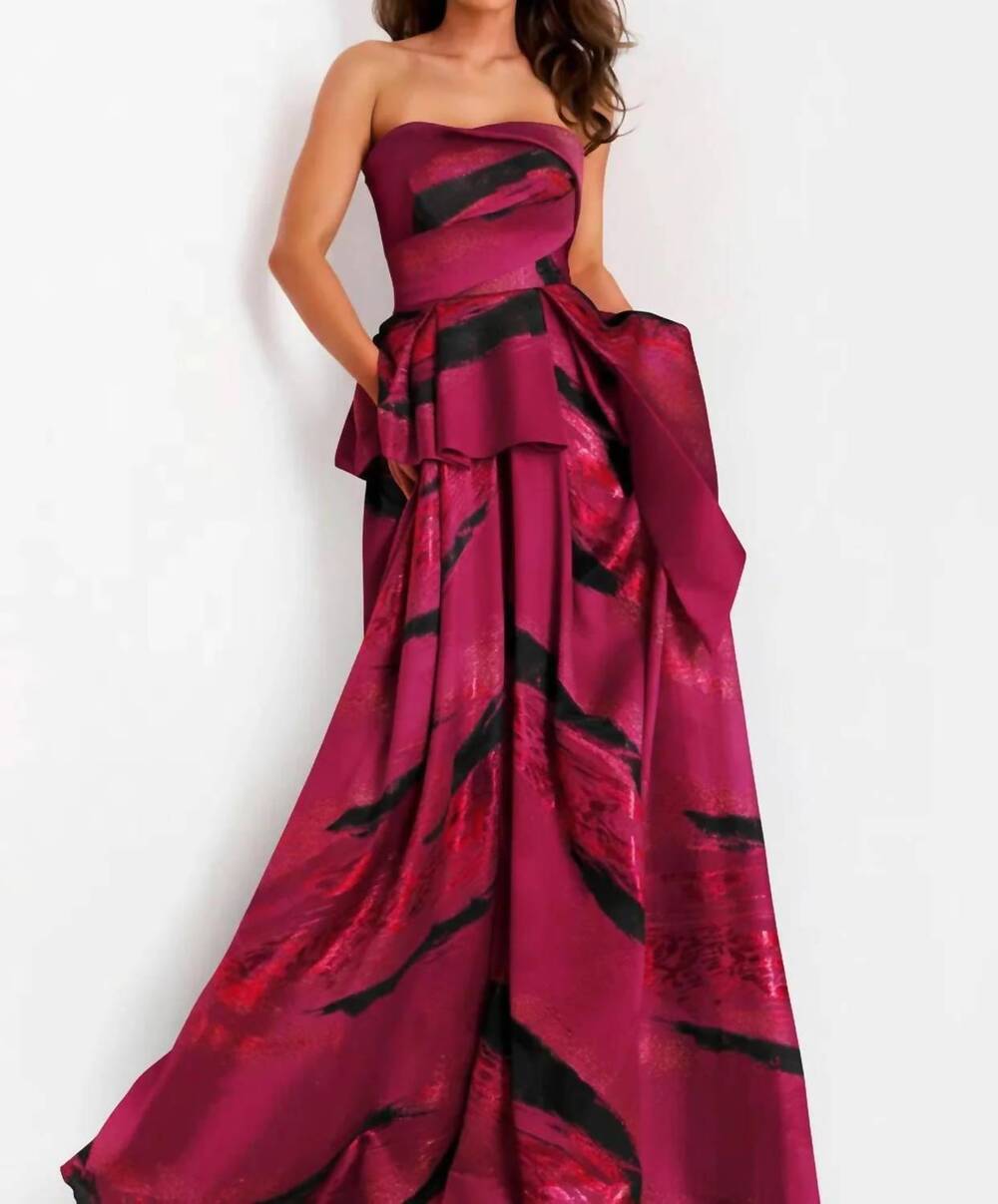 NEW JOVANI abstract peplum ballgown in crimson